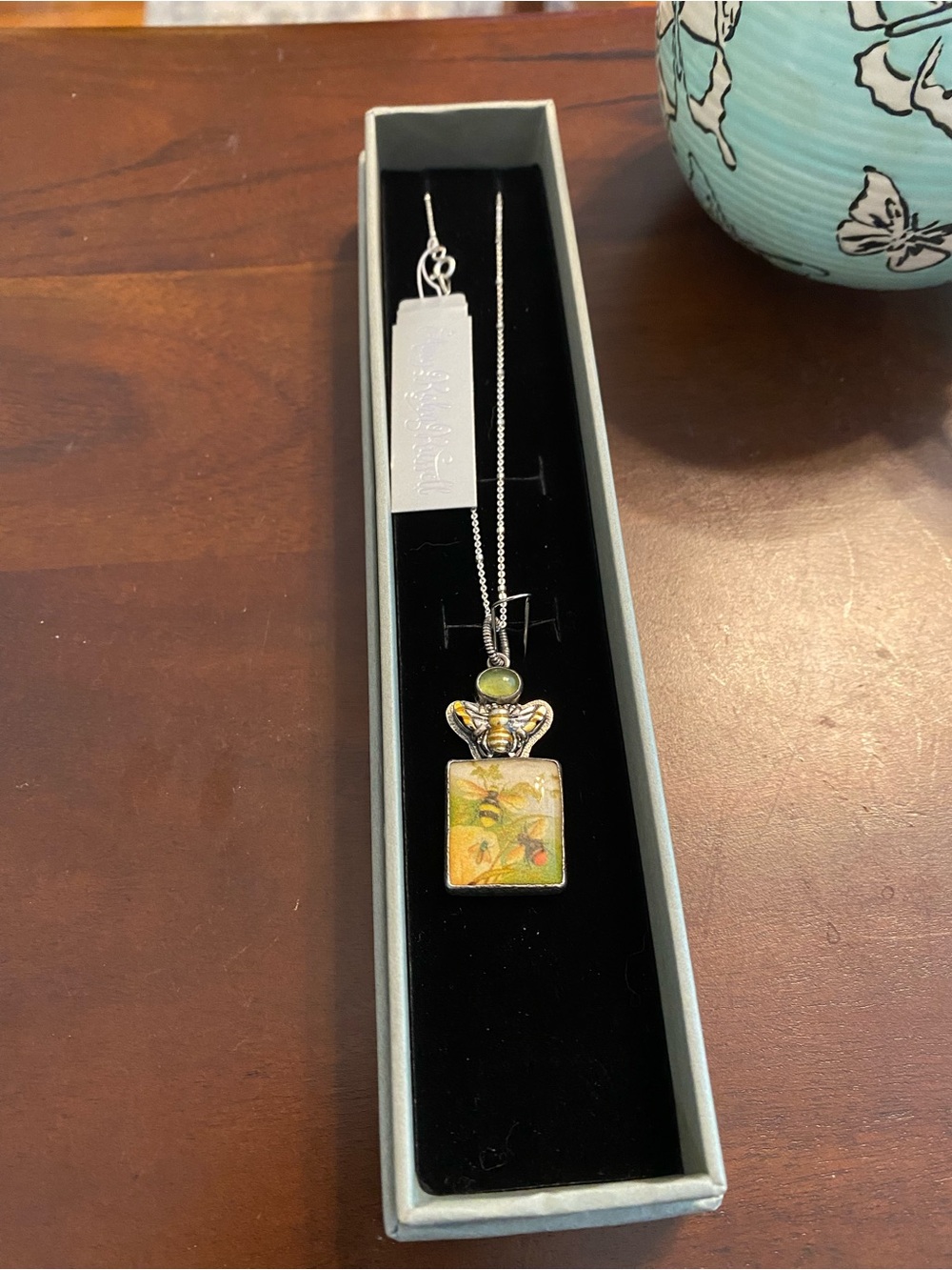 AKR handmade tile with peridot gem Pendant on a Sterling Necklace